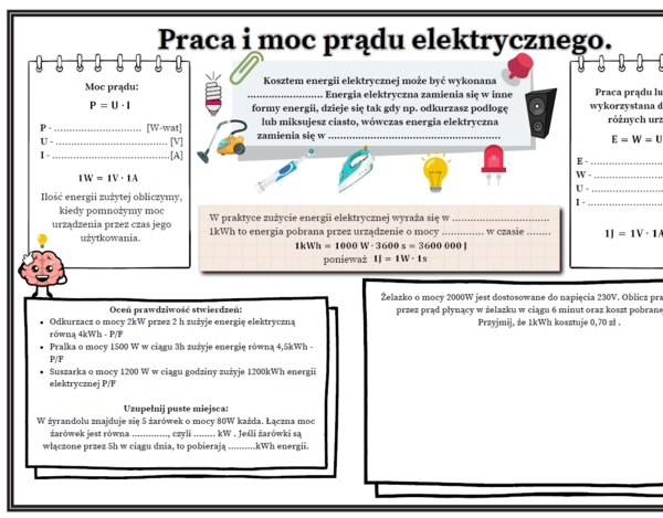 Praca i moc prądu elektrycznego - fizyka SP (karta pracy, 2 strony A4 dla ucznia i nauczyciela)