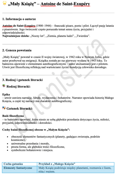 "Mały Książę" - notatka dla ucznia