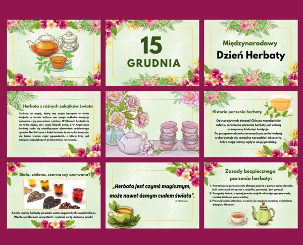 Gazetka Międzynarodowy Dzień Herbaty 15 grudnia - 9 plansz A4 piękne kolory
