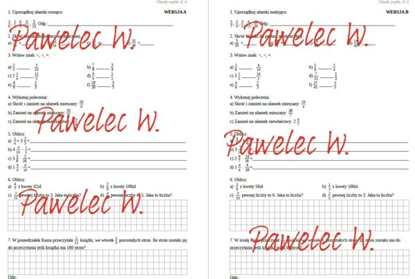 UŁAMKI ZWYKŁE kl. 6 - sprawdzian dwie grupy/wersje, karty pracy + odpowiedzi
