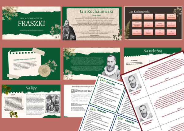 Jan Kochanowski FRASZKI - prezentacja + 2 wklejki - wklejka - egzamin - powtórzenie