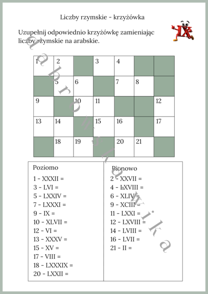Liczby rzymskie - krzyżówka