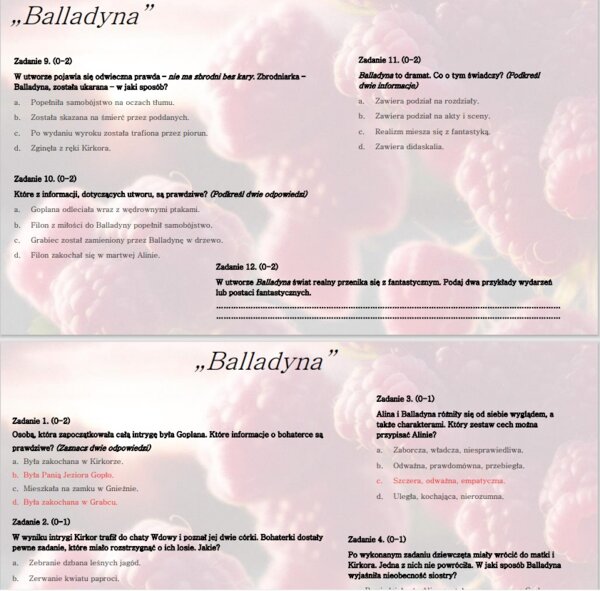 Test wprowadzający/powtórzeniowy do lektury "Balladyna"