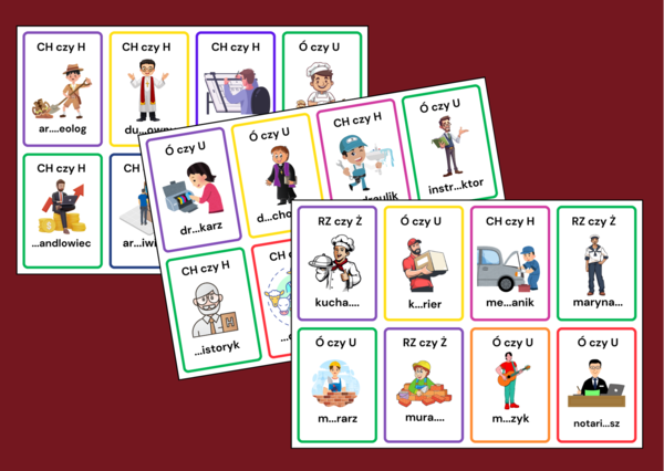 KARTY ORTOGRAFICZNE – ortografia – ZAWODY - 64 szt.