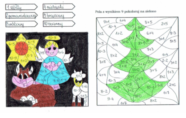 Świąteczna kolorowanka- dodawanie i odejmowanie w zakresie 10