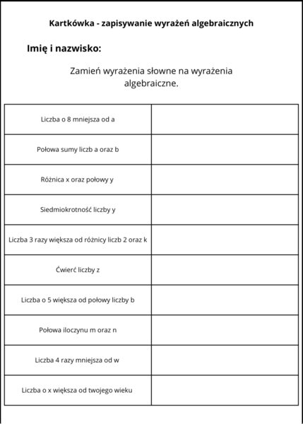 Kartkówka - zapisywanie wyrażeń algebraicznych oraz obliczanie wartości liczbowej wyrażeń.