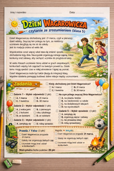 📚🎉 Dzień Wagarowicza – czytanie ze zrozumieniem (klasa 5) | karta pracy (15 zadań)