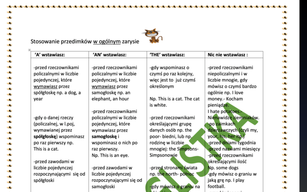 Przedimki - zasady stosowania w tabelce+ obszerne ćwiczenie- 30 zdań z kluczem- egzamin ósmoklasisty