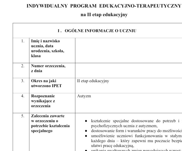 Indywidualny Program Edukacyjno - Terapeutyczny - IPET wzór