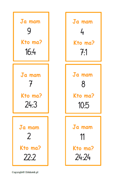 Karty typu kto ma, ja mam - gra matematyczna (dzielenie)