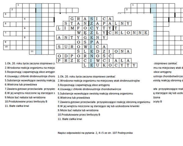 Logogryf na podsumowanie lekcji o budowie i funkcjonowaniu układu odpornościowego