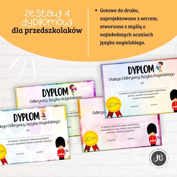 Dyplom _ Zestaw 4 dyplomów z języka angielskiego dla przedszkolaków