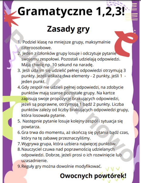 Gramatyczne 1,2,3! / Konkurs polonistyczny obejmujący wiedzę teoretyczną z zakresu fleksji i składni.