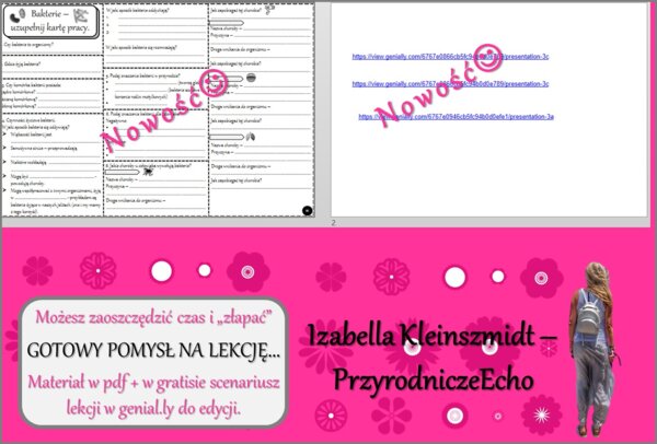 Pomysł na lekcję/karta pracy/stacje zadaniowe/materiał do lekcji do tematu „Bakterie” w pdf. W gratisie niekomercyjny scenariusz lekcji/pomysł na lekcję w programie genial.ly do edycji. Biologia 5. Dział „Wirusy, bakterie, grzyby, protisty”.