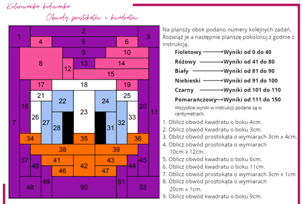 Kolorowanka kodowanka - obwody prostokątów i kwadratów