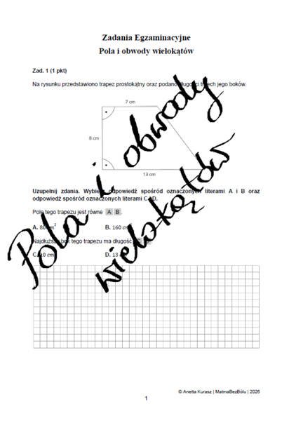 Zadania egzaminacyjne - Pola i obwody wielokątów