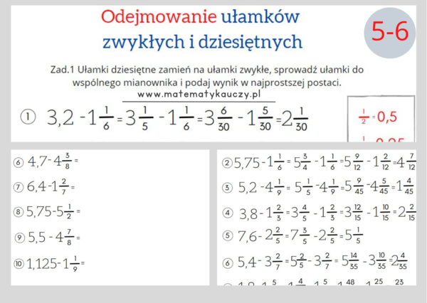 Odejmowanie ułamków zwykłych i dziesiętnych / KARTY PRACY kl.5 – kl.6 PDF + ROZWIĄZANIA