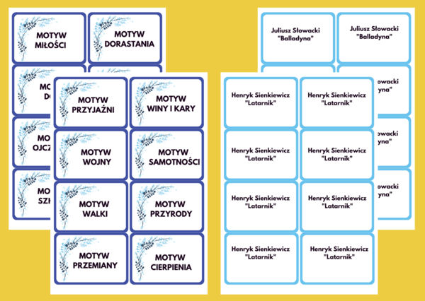 MOTYWY LITERACKIE - lektury- fiszki - klasy 7-8 - egzamin - powtórzenie