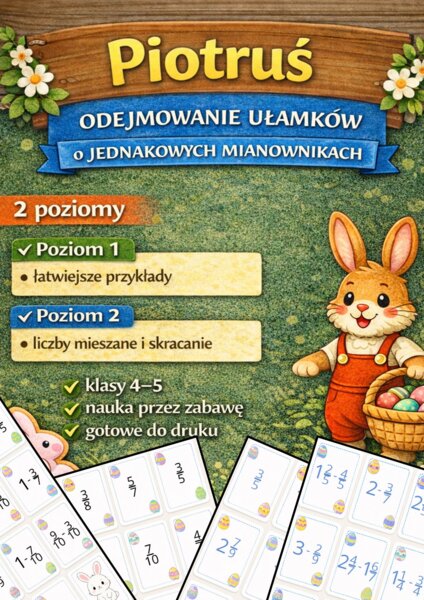 Wielkanocny Piotruś Gra Matematyczna – odejmowanie ułamków o jednakowych mianownikach | 2 poziomy | kl. 4–5