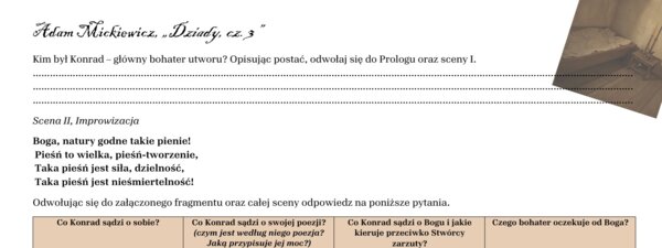 "Dziady, cz. III" tabela do sceny "Improwizacja"