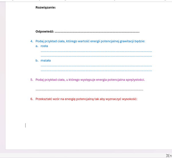 Karta pracy/kartkówka ENERGIA POTENCJALNA