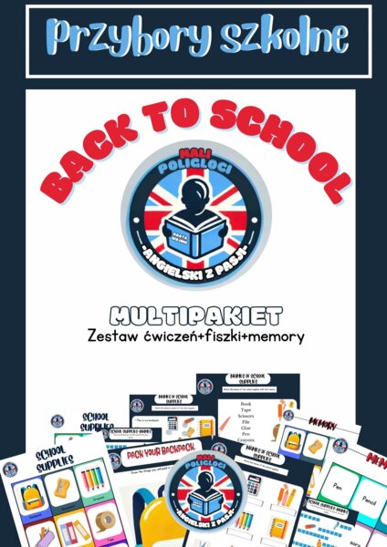 Zestaw materiałów z zadaniami + gra memory + fiszki do tematu "School Supplies" (Przybory szkolne)