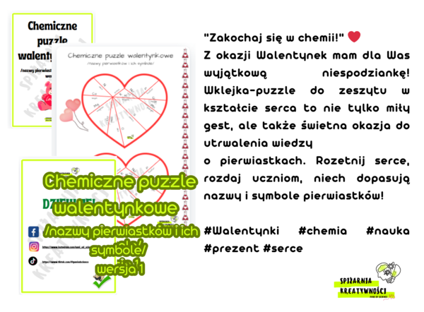 Chemiczne puzzle walentynkowe /nazwy pierwiastków i ich symbole/ wersja 1