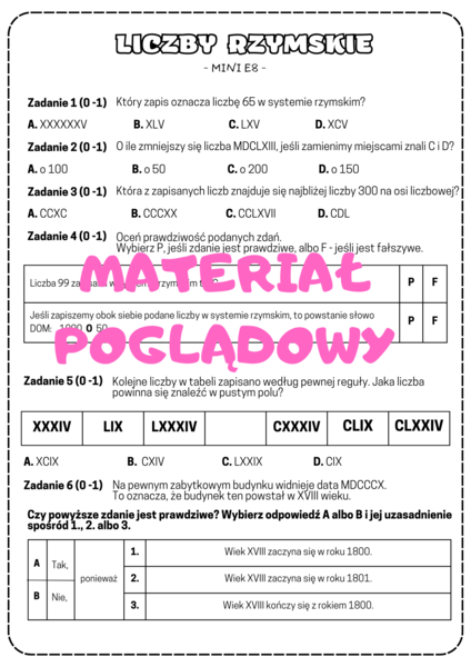 Liczby rzymskie - karta pracy. Egzamin ósmoklasisty.