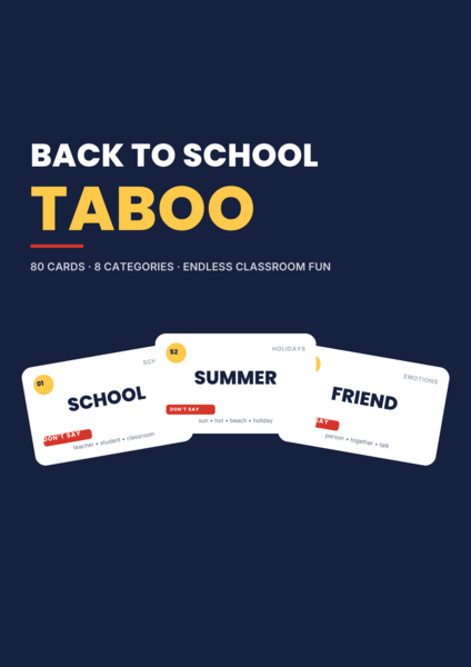 Back to School Taboo – Speaking Game | English Vocabulary Game (A2–B2)