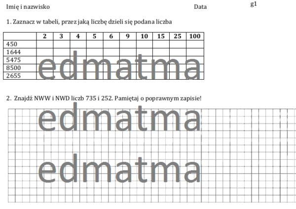 Kartkówka - cechy podzielności liczb, nww, nwd