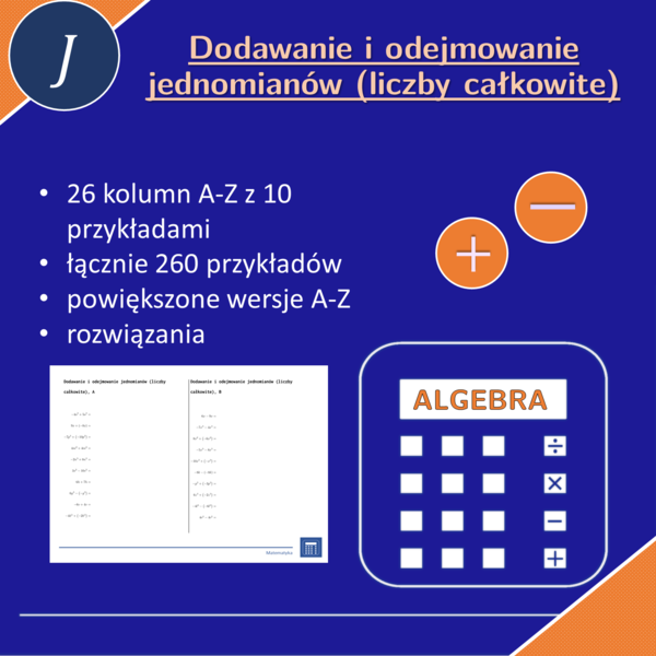 Dodawanie i odejmowanie jednomianów (liczby całkowite) | matematyka, algebra | 26 kolumn
