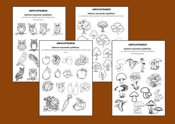 Jesienne WYZWANIE CZYTELNICZE – karta czytelnika – BIBLIOTEKA - jesień - 4 wersje