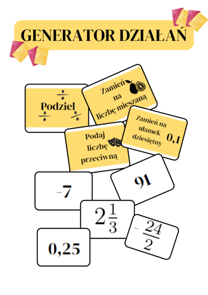GENERATOR DZIAŁAŃ - działania na liczbach całkowitych i wymiernych. [KLASA 4, KLASA 5, KLASA 6, KLASA 7, KLASA 8]
