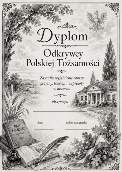 Dyplomy/ certyfikaty dla uczniów do lektury "Pan Tadeusz" czarno-białe