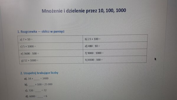 Mnożenie i dzielenie przez 10, 100, 100 - karta pracy