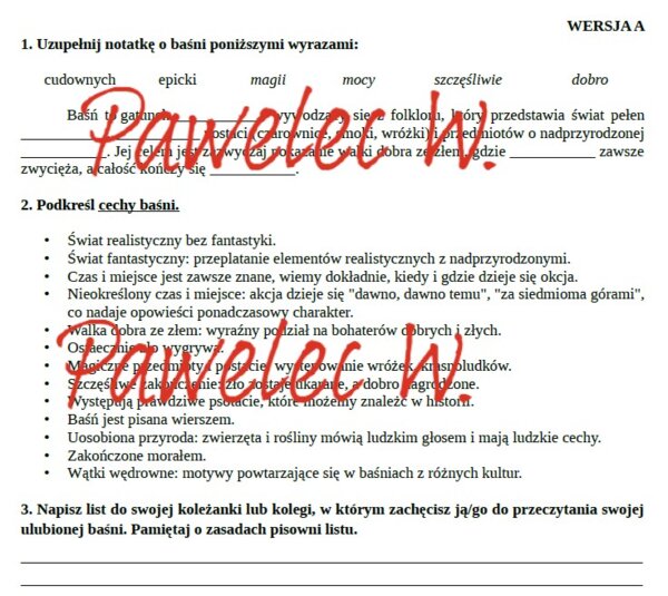 BAŚŃ  + LIST - karta pracy: definicja i cechy baśni, pisanie listu, kl. 4, kl. 5