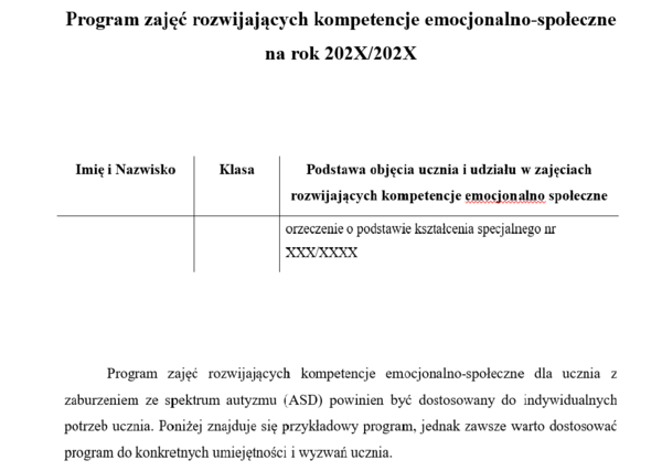 Program zajęć rozwijających kompetencje emocjonalno-społeczne (spektrum autyzmu)