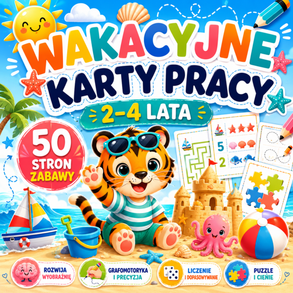 WAKACYJNE KARTY PRACY 2-4 lata, pakiet edukacyjny, karty pracy do druku, kolorowanki, labirynty, motoryka, po śladzie, dopasowywanie, cienie, połącz, puzzle, przedszkolaki, koniec roku