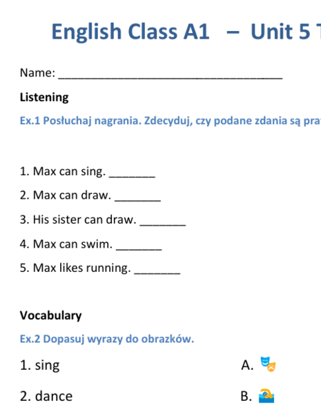 English Class A1 klasa 4 Test Unit 5