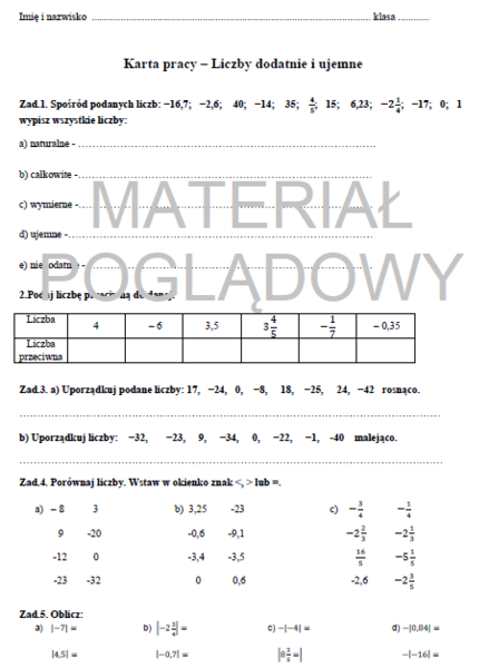Kartka pracy - liczby wymierne (dodatnie i ujemne)