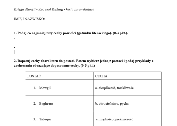 Księga dżungli - sprawdzian po omawianiu