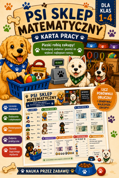 🛒🐶 „Psi sklep matematyczny – karta pracy z pieniędzmi | klasy 1–4”