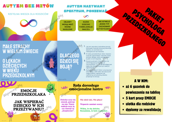 PAKIET PSYCHOLOGA PRZEDSZKOLNEGO a w nim: 6 gazetek na popularne okołopsychologiczne tematy PRZEDSZKOLNE!, 5 kart pracy o EMOCJACH oraz dodatki: ulotka oraz dyplomy!