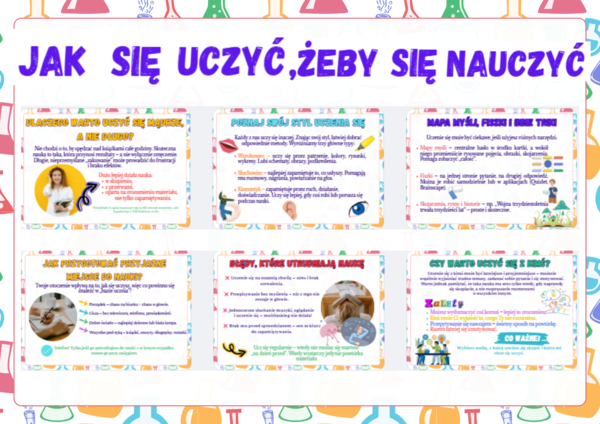 Gazetka szkolna- Jak się uczyć, żeby się nauczyć?- Napis + 9 kolorowych kart A4- całoroczna