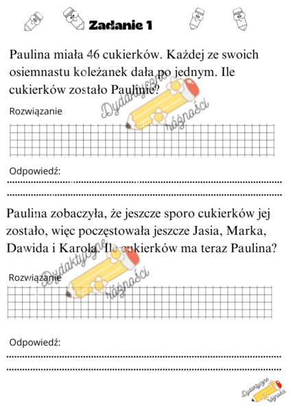 Odejmowanie w zakresie 50. Rozbudowane zadania z treścią- 10 kart pracy.