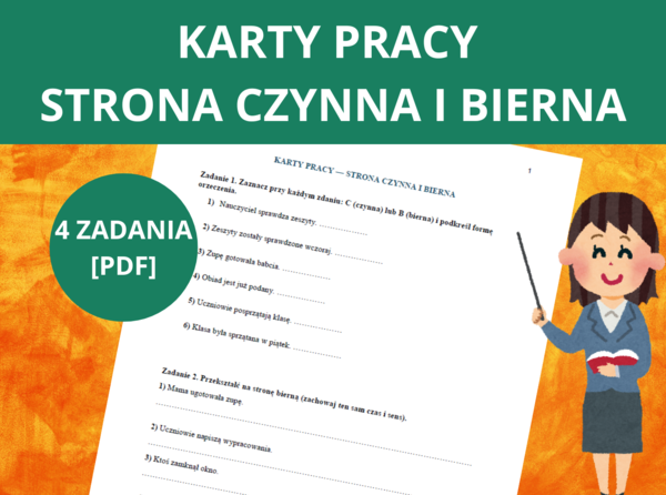 Karty pracy – czasownik - strona czynna i bierna: rozpoznawanie, przekształcanie, uzupełnianie zdań + klucz odpowiedzi [PDF] – język polski, klasa 6, klasa 7, klasa 8, E8