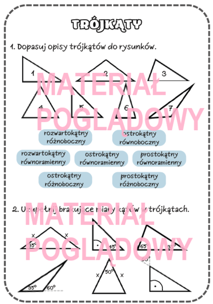 Karta pracy lub kartkówka TRÓJKĄTY kl. 4, 5, 6