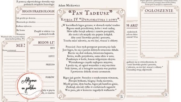 "Pan Tadeusz" - fragment o bigosie, karty pracy (stacje zadaniowe)