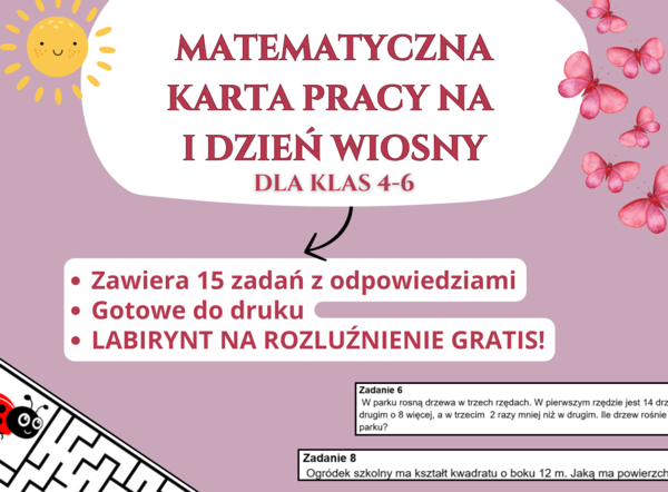 🌸 Matematyczna Karta Pracy na PIERWSZY DZIEŃ WIOSNY– Wiosenne Łamigłówki – Klasy 4-6 – Potęgi, Ułamki, Geometria! 🌿📖