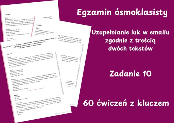 Angielski – Egzamin ósmoklasisty. Uzupełnianie luk w emailu (zadanie 10). 60 ćwiczeń z kluczem odpowiedzi